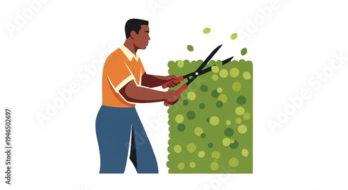 Man trimming hedge with shears illustration