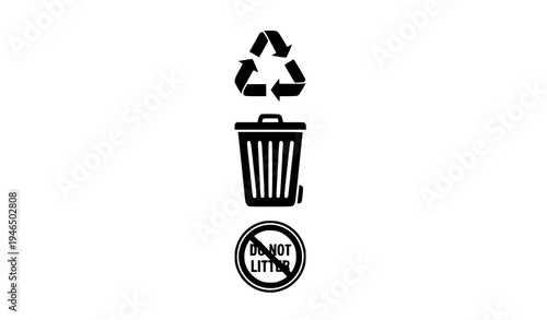 Minimal recycle trash bin and no litter sign vertical icon collection