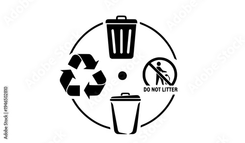 Circular recycle trash bin and no litter environmental icon set