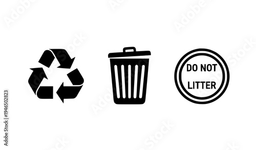 Recycling trash bin and do not litter symbol set minimalist environmental icons