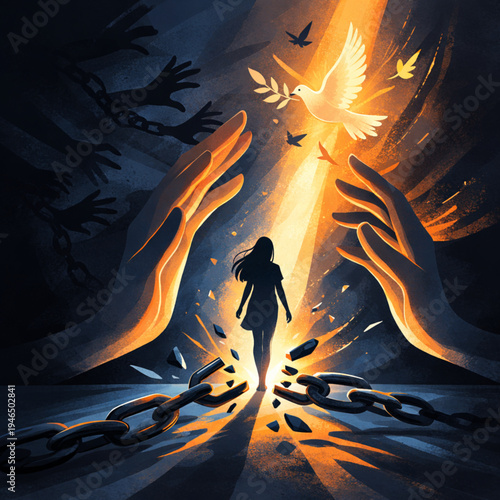 A powerful symbolic illustration depicting a young woman breaking free from heavy chains and moving toward a bright, divine light. The contrast between the dark, reaching shadows and the glowing dove 
