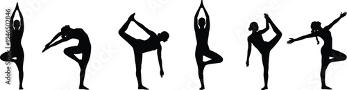 Silhouette of six dancers in various aerial poses