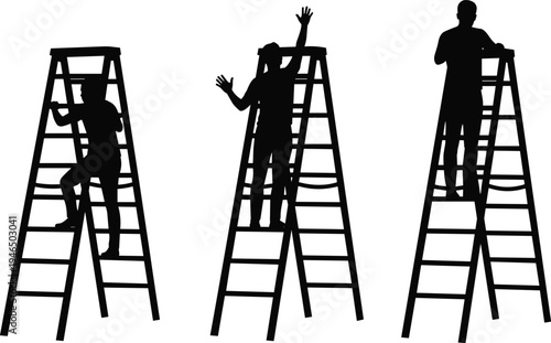 Worker climbing ladder silhouettes set, construction laborer standing and working on ladder, professional maintenance worker vector illustration isolated collection