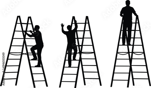 Worker climbing ladder silhouettes collection, construction laborer standing and working on ladder equipment, professional maintenance workforce vector illustration isolated set
