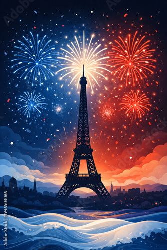 A stunning digital illustration of the Eiffel Tower silhouetted against a night sky filled with spectacular fireworks in the colors of the French flag: blue, white, and red. Below, the Seine River 