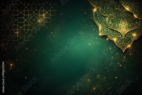 Luxury Islamic Ramadan Background with Elegant Golden Arabesque Patterns and Glowing Particles on Emerald Green Backdrop