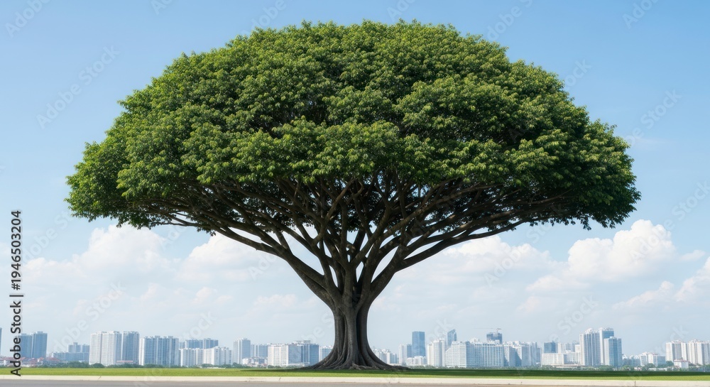 Obraz premium The Urban Sentinel: A Grand Spreading Tree Before a Modern Cityscape