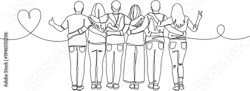 Continuous line art drawing of diverse friends hugging, symbolizing unity and support.