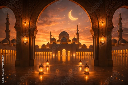 Beautiful Ramadan Dusk Scene with Grand Mosque view through Ornate Archways and Glowing Lanterns