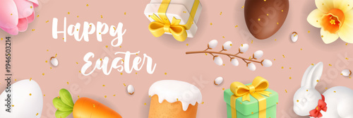 Happy Easter pink banner with bunny, chick, cake and spring elements. Festive 3D holiday background