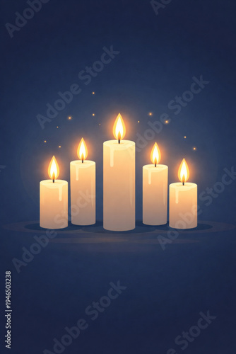 An elegant digital illustration featuring five white pillar candles of varying heights, arranged symmetrically against a deep navy blue background. The warm, golden flames glow brightly, casting 