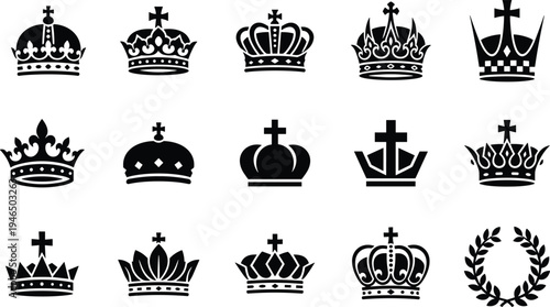 Collection of royal crown silhouettes and laurel wreath vector icons featuring king queen imperial heraldic crowns isolated for monarchy emblem logo design set