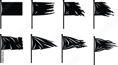 Set of torn black flag silhouettes waving on flagpoles distressed tattered fabric banner collection isolated vector illustration for war pirate protest design