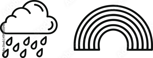 Simple weather line icons set with rainy cloud and rainbow outline symbols minimal meteorology climate forecast illustration isolated vector design