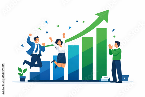 A joyous flat illustration showing a business team celebrating a significant milestone. Two professionals are jumping in excitement in front of a rising bar chart with a green upward arrow, 