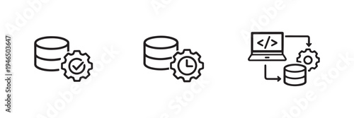 Database Management Icons Set, Data Processing, Verification, and Development Vector Line Icons