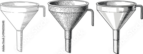 Vintage metal funnel set engraving style kitchen tool illustration collection pouring liquid filter equipment isolated retro vector drawing design