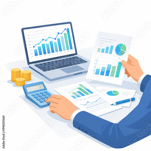 A professional flat illustration depicting financial analysis and accounting. It shows a businessman's hands working with a calculator, a laptop displaying growth charts, and printed financial reports