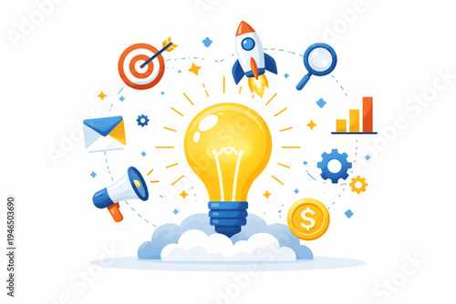 A dynamic flat illustration of a glowing light bulb, symbolizing a central idea or innovation. It is surrounded by business growth icons, including a launching rocket, a target, a megaphone, a gold 