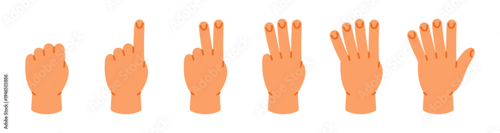 Obraz premium Cartoon hand signs from 0 to 5. Minimalist finger gestures for kids counting and math learning