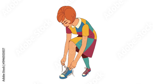 Woman tying shoe laces isolated on white background vector illustration
