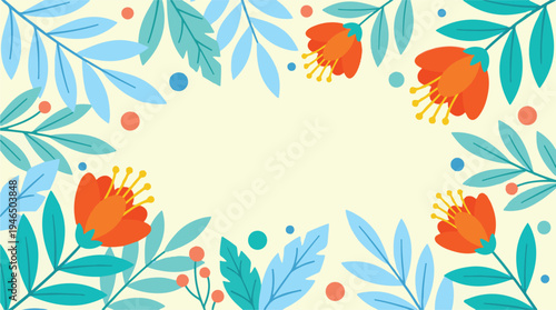Vibrant spring summer floral border background with colorful leaves and flowers