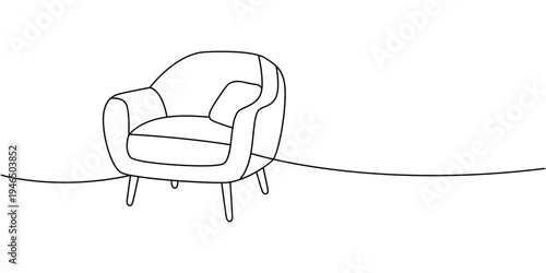 Minimalist armchair with cushion in outline. Elegant interior furniture illustration for cozy home decor concepts.