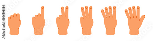 Cartoon hand signs from 0 to 5. Minimalist finger gestures for kids counting and math learning