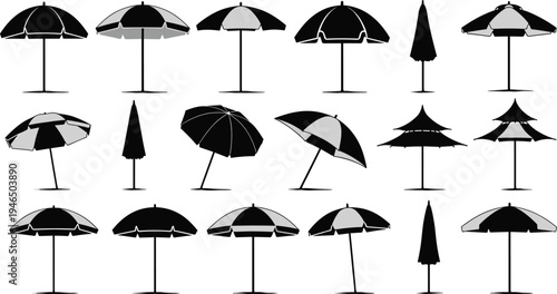 Beach umbrella silhouettes collection with various parasol shapes summer sunshade outdoor seaside vacation accessories isolated vector illustration set