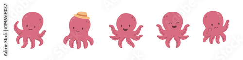 Cartoon octopus set. Flat vector characters with hat, smile, raised arms, and expressive faces. Kids marine illustration pack.
