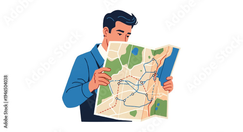 Man examining folded map planning travel route direction