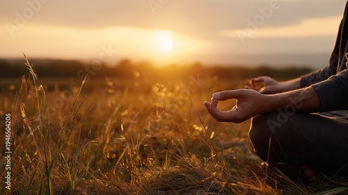 Close up of a person sitting in a field practicing yoga or meditation at vibrant golden sunset