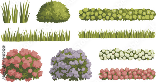 Collection of stylized garden plants, grass borders, hedges and flowering bushes, decorative landscaping elements isolated for landscape design, nature themed vector illustration set