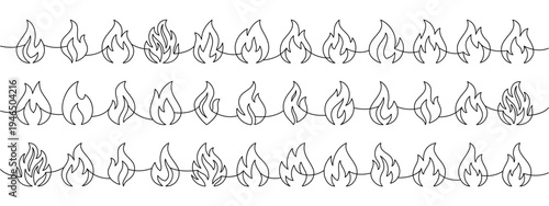 Decorative seamless fire flame outline. Vector border with multiple flame silhouettes in simple black line art