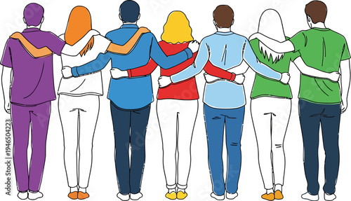 Diverse Group of Friends Standing Together, Arms Around Shoulders, Symbolizing Unity and Support