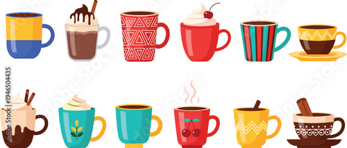 Colorful coffee cups set with different mug designs hot drink collection isolated on white background cafe beverage vector illustration