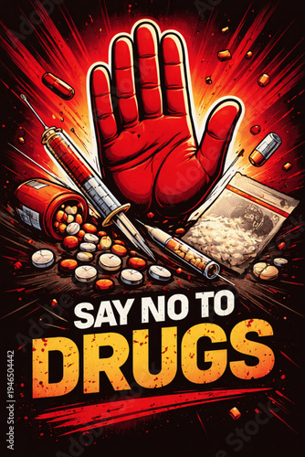 A powerful anti-drug poster featuring a large red hand in a "stop" gesture, surrounded by various drug paraphernalia like syringes, pills, and powder. The background is a dynamic red explosion,