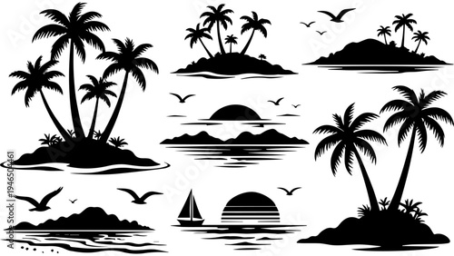 Set of 10 tropical island silhouettes vector with palm trees, ocean waves, sailboat, birds, and sunset scenes in black on white background