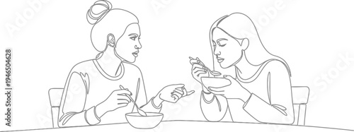 Continuous line art of two young women eating and conversing at a table
