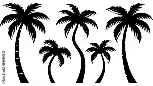 Set of 5 black palm tree silhouettes vector illustration, tropical coconut palms isolated on white background for summer travel, beach logo, poster design