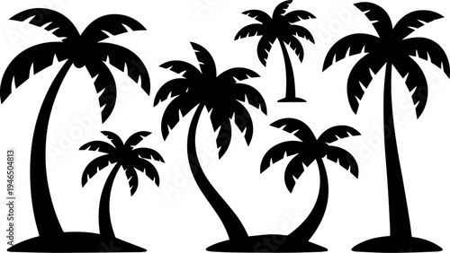 Set of 10 black palm tree silhouettes vector collection, tropical island nature icons with curved trunks and fronds for summer travel design backgrounds