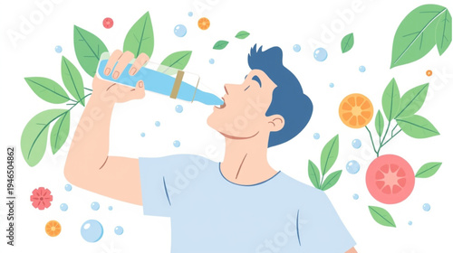 A flat-style vector illustration of a young man drinking refreshing water from a glass bottle. He is surrounded by vibrant green leaves, citrus fruit slices (orange and grapefruit), and floating blue 