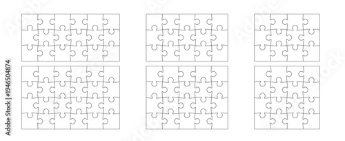 Jigsaw puzzle piece templates in different grid layouts, outlines in various configurations. Vector puzzles set with different sizes. Blank patterns for games, projects. 15, 18, 20, 21, 24, 28 pieces