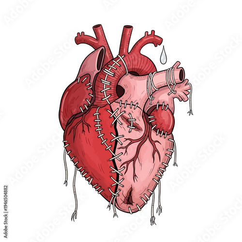 Anatomical heart with stitches and tears.