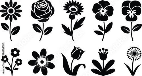 Flower silhouettes set with different garden and spring floral icons isolated on white background decorative botanical vector illustration collection