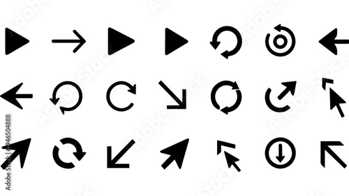 Set of 17 black navigation arrow icons vector, including left right up down pointers, curved undo redo rotation symbols, isolated on white background