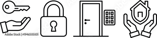 Home security line icons set with key lock door keypad and house protection symbol isolated on white background vector illustration