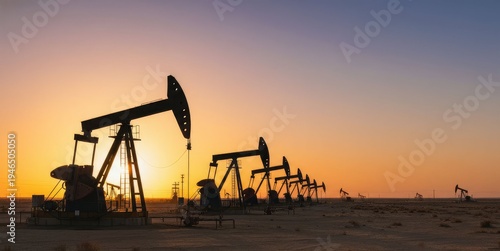 Landscape of oil pumpjack silhouettes on desert field at sunset, copy space on right. AI generative