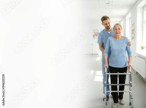 Young physiotherapist supports elderly woman with walker in a bright hallway of a rehabilitation center, horizontal banner with place for text. AI generative