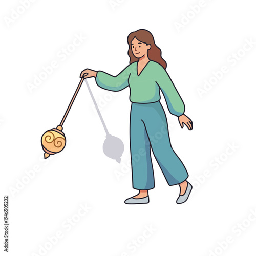 A woman walks while holding a dustpan and broom inside a house.